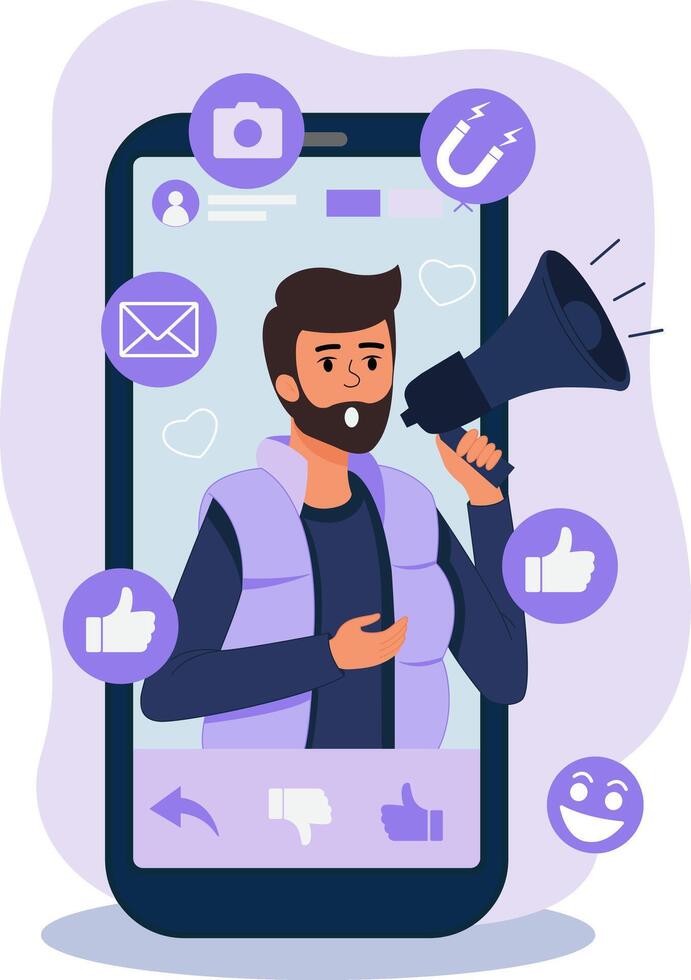 Social Media Marketing for Web Design. Flat Illustration. Man Attracts Attention, Advertises Product, Interacts with Subscribers vector