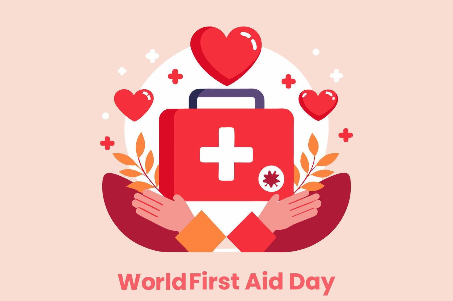 Upcoming World first aid day holiday concept with hand and heart with blood box template vector
