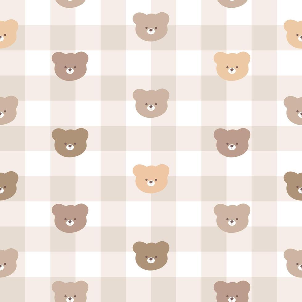 Seamless pattern with cute bear and gingham vector