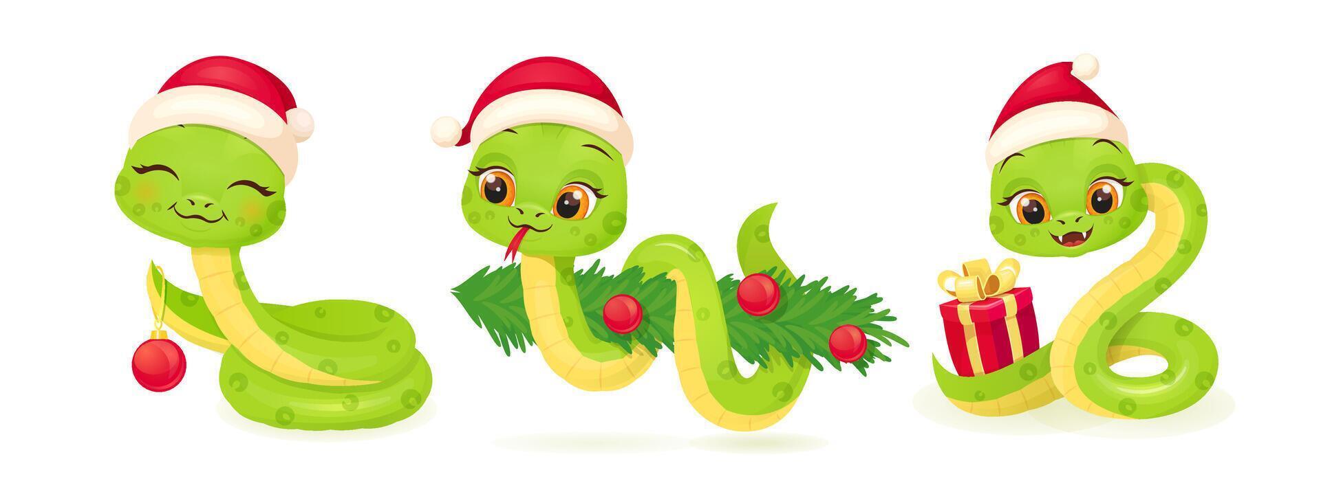Cute snake characters with smiling faces. Merry christmas and Happy new year 2025 card. vector