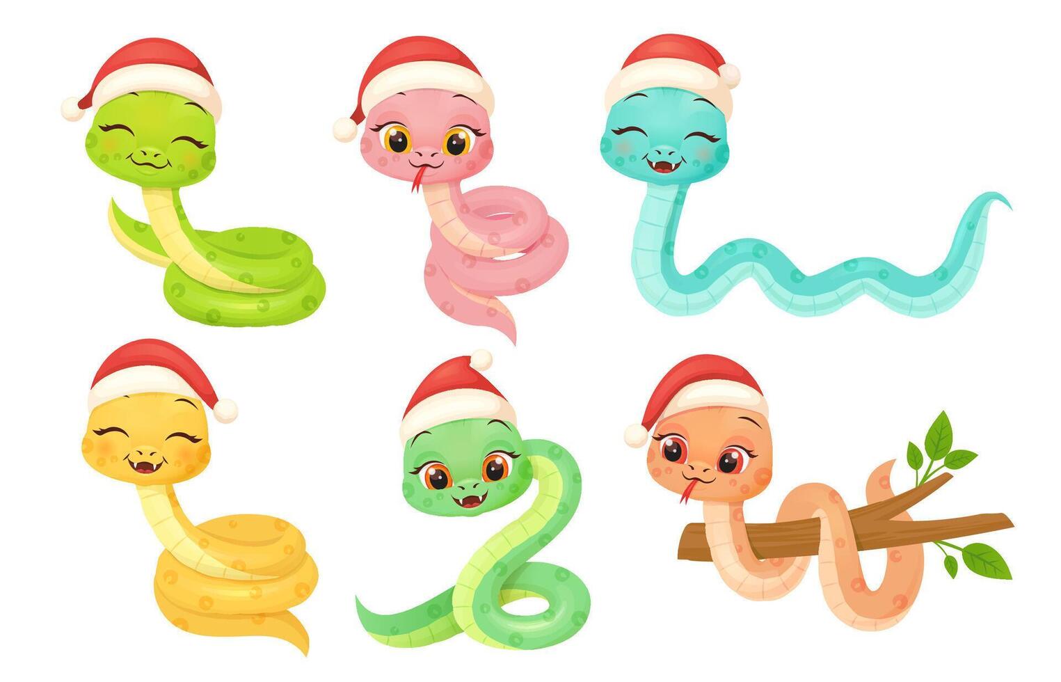 Cute snake characters with smiling faces. Merry christmas and Happy new year 2025 invitation. vector