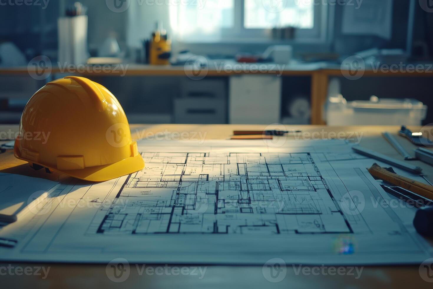 Construction planning with blueprints and hard hat on desk photo