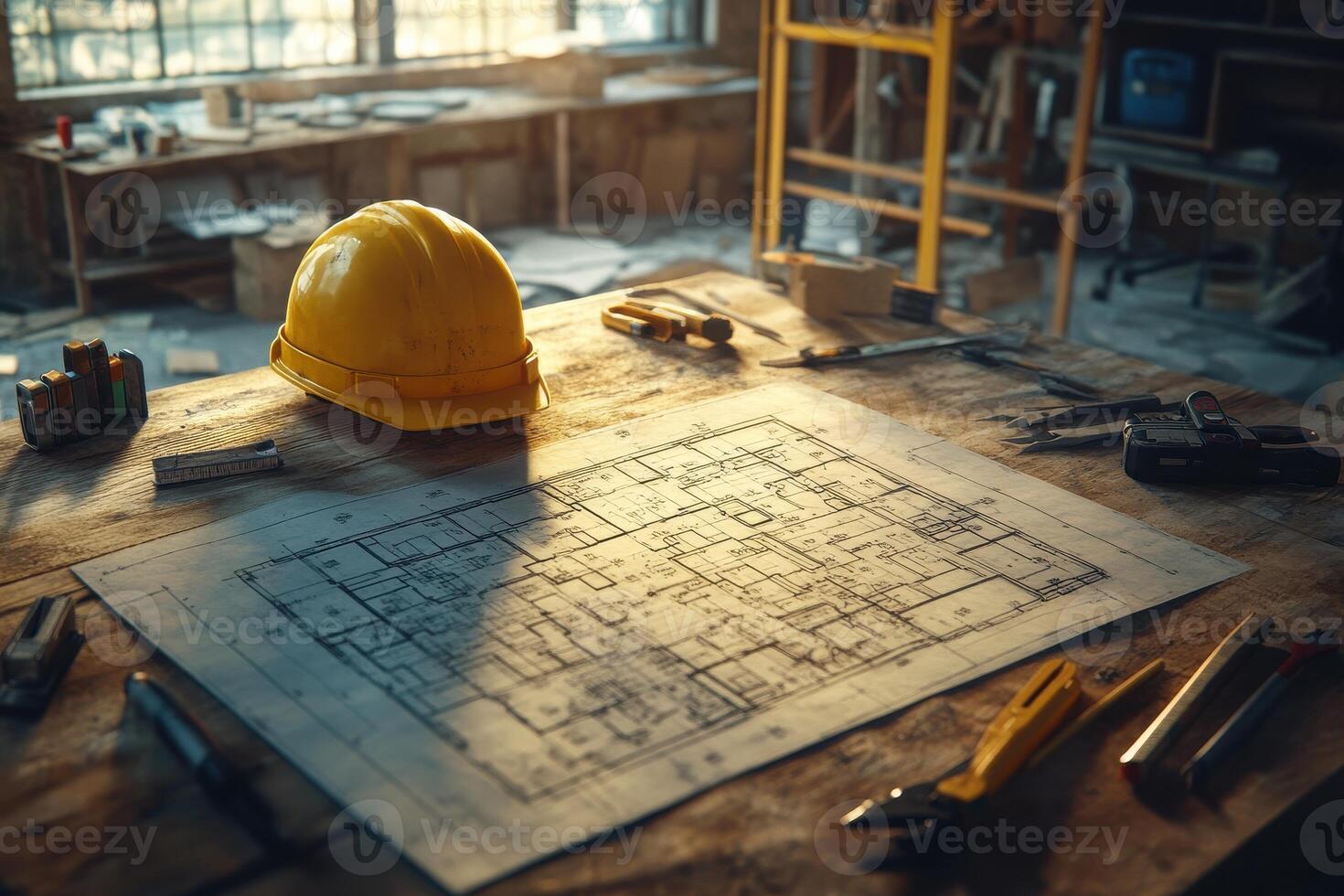 Blueprints and construction tools in a sunlit workshop photo