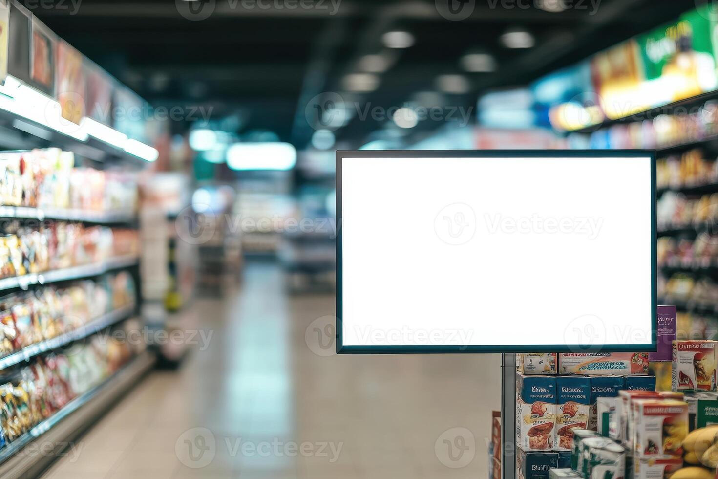 A blank display shines in a busy grocery aisle photo