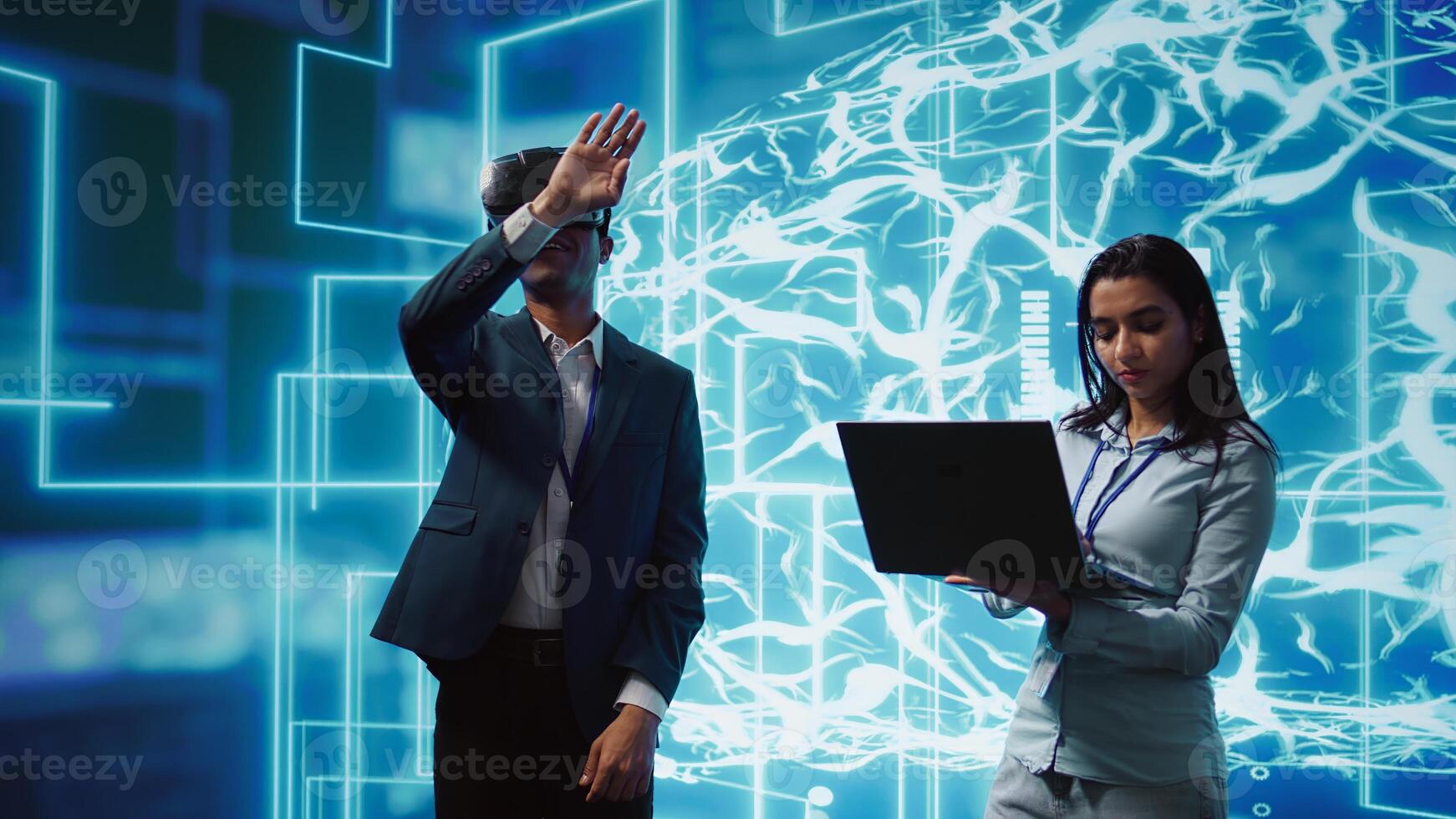 Engineers use VR smart goggles and AI neural networks to solve company problems. IT experts using artificial intelligence and AR virtual reality tech to visualize startup business data, camera B photo