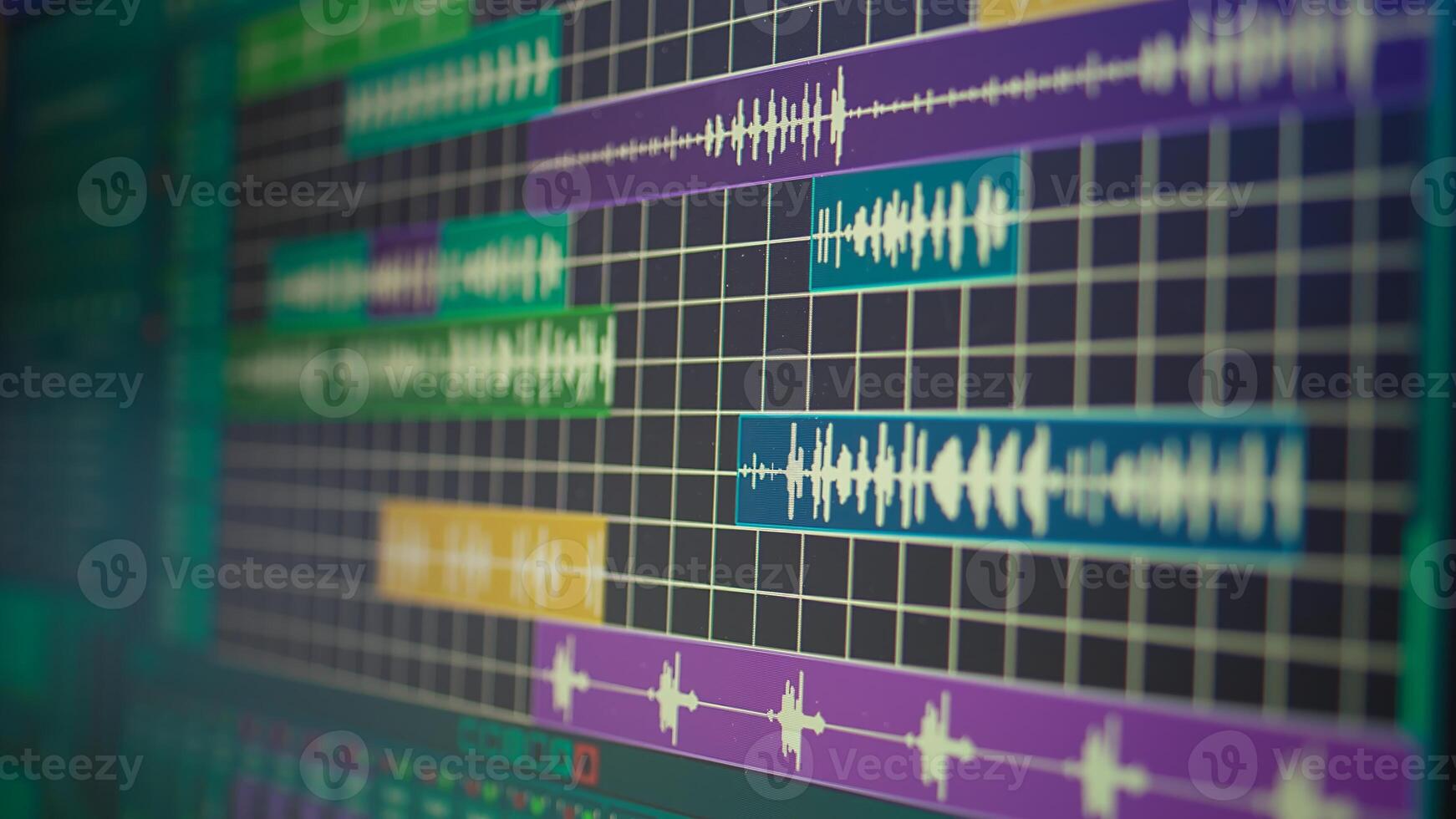 Empty desk equipped with mixing console and music recording tools in home studio, professional equipment used in producing and creating soundtracks. Stereo amplifier and equalizer. photo