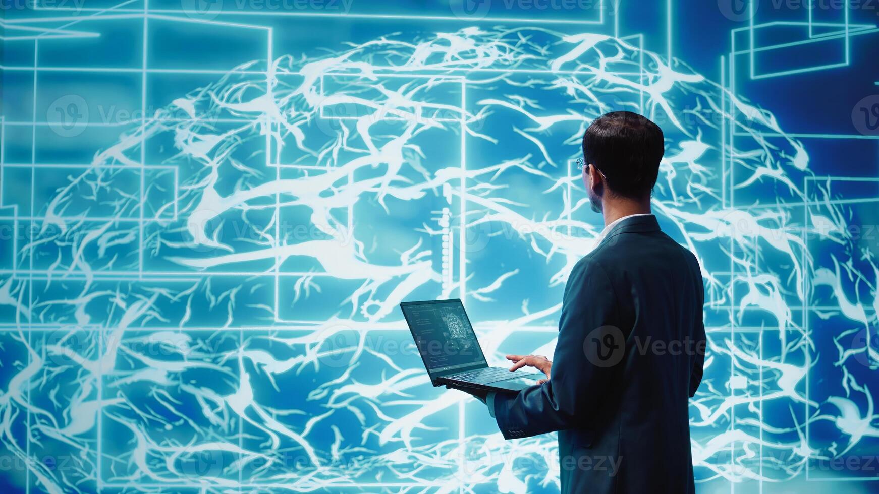 computadora científico resolviendo Tareas en computadora portátil, corriendo artificial inteligencia programación guiones. ingeniero manipulando líneas de código para ai aplicaciones desarrollo, cámara si foto