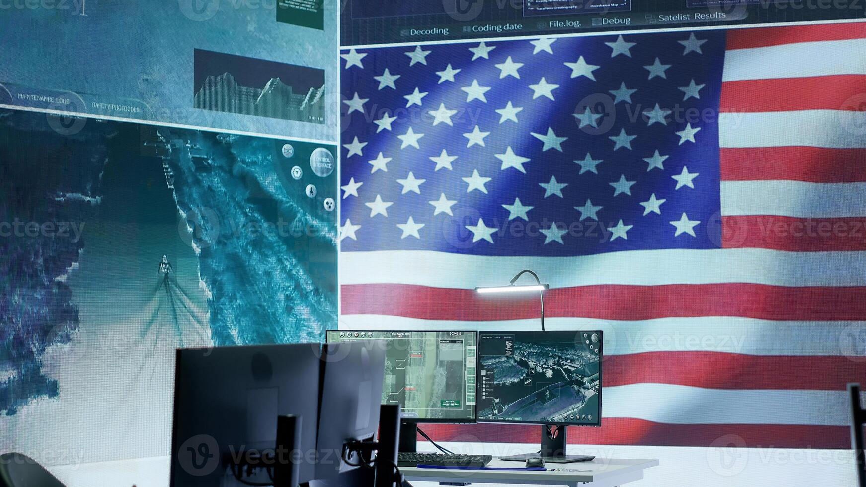 Empty monitoring room with an American flag protecting classified information and state secrets, agency protecting the country with anti terrorism tactics. Military control center. Camera A. photo