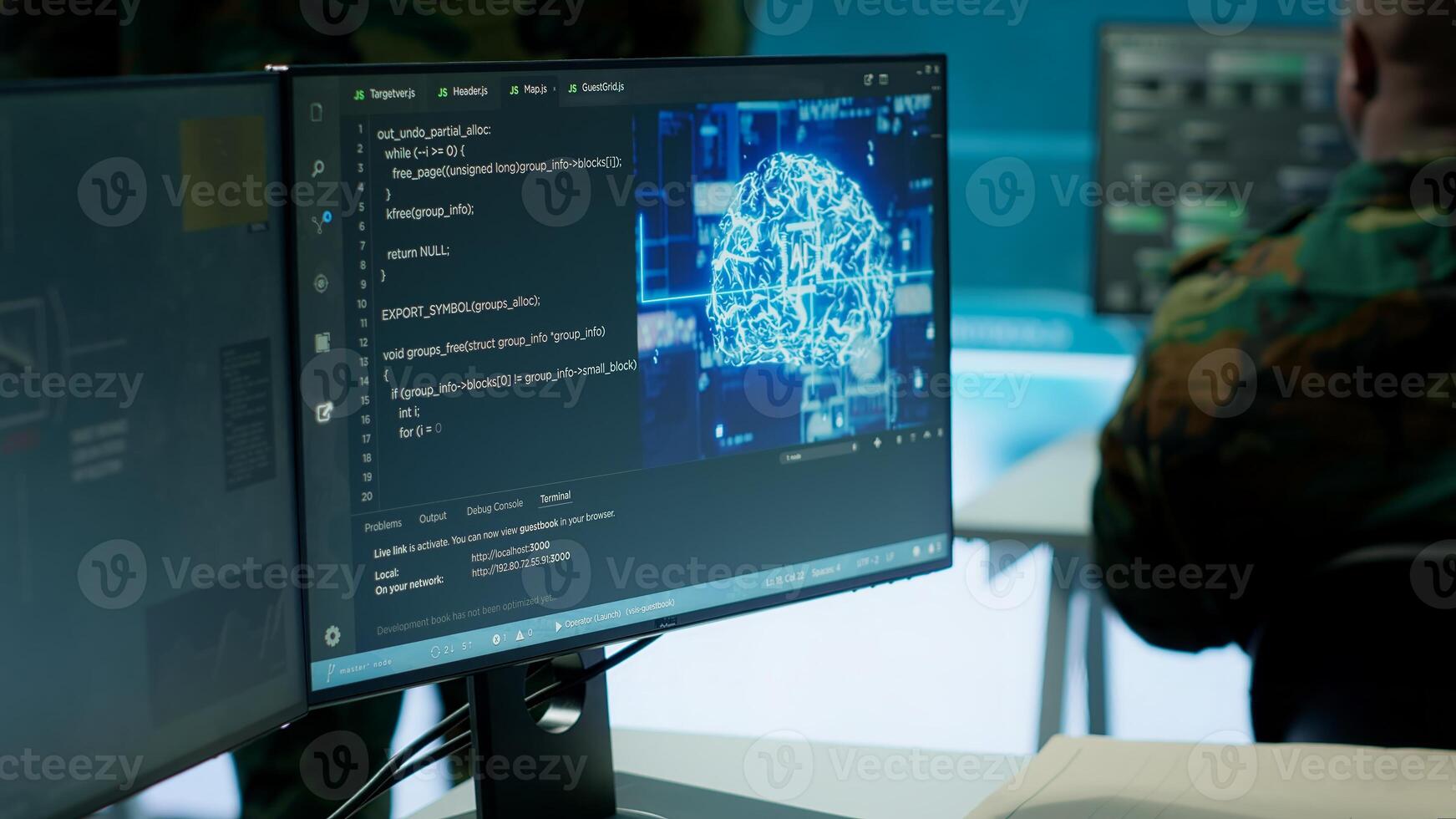 Cybersecurity expert oversees intelligence gathering through AI brain visualization and neural network, algorithms to collect real time data from surveillance systems. Digital science. Camera A. photo