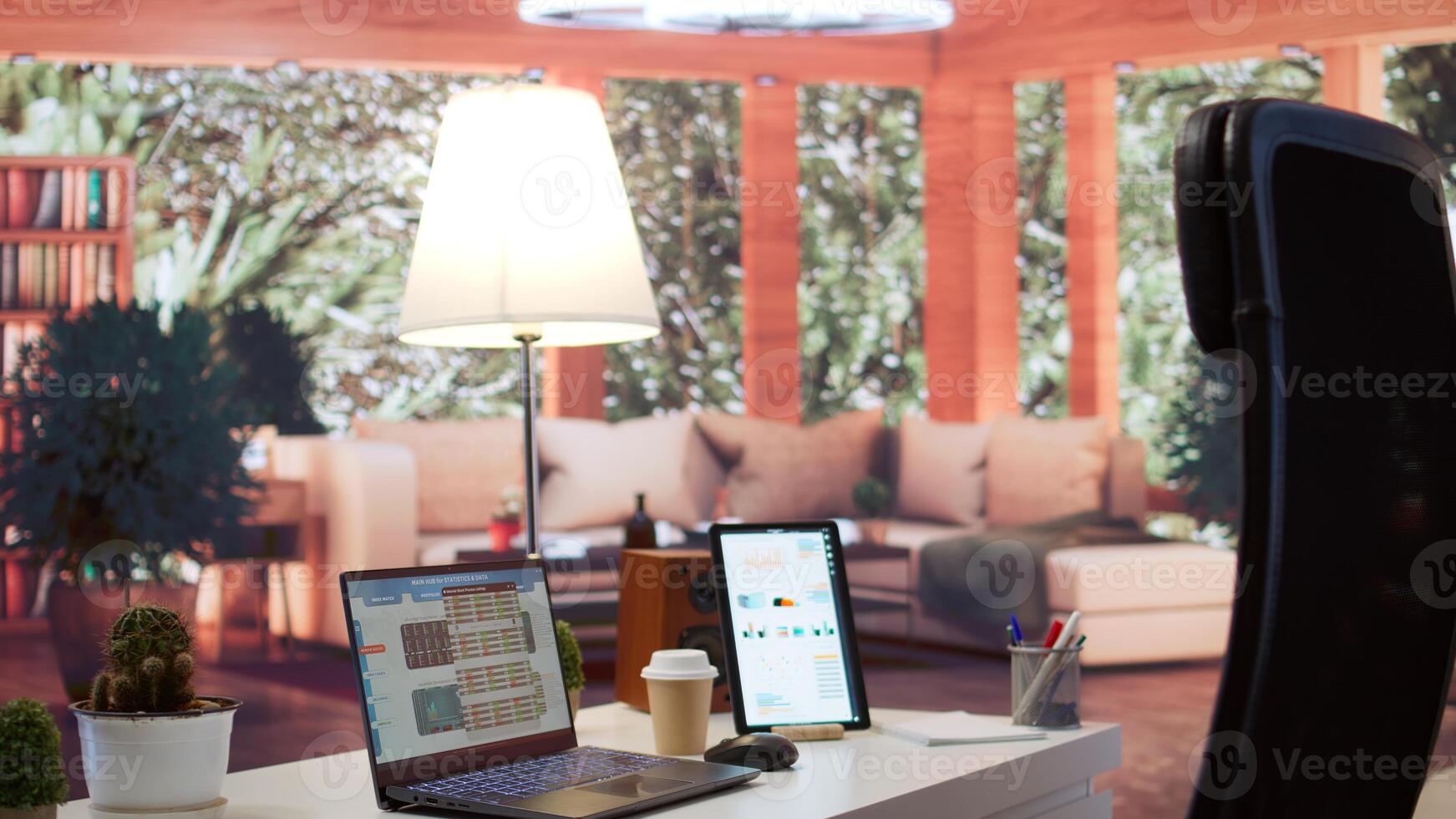 Empty office at a business entrepreneur house with laptop and documents showing financial reports for enterprise development. Remote work on bank account analytics, accountancy. photo