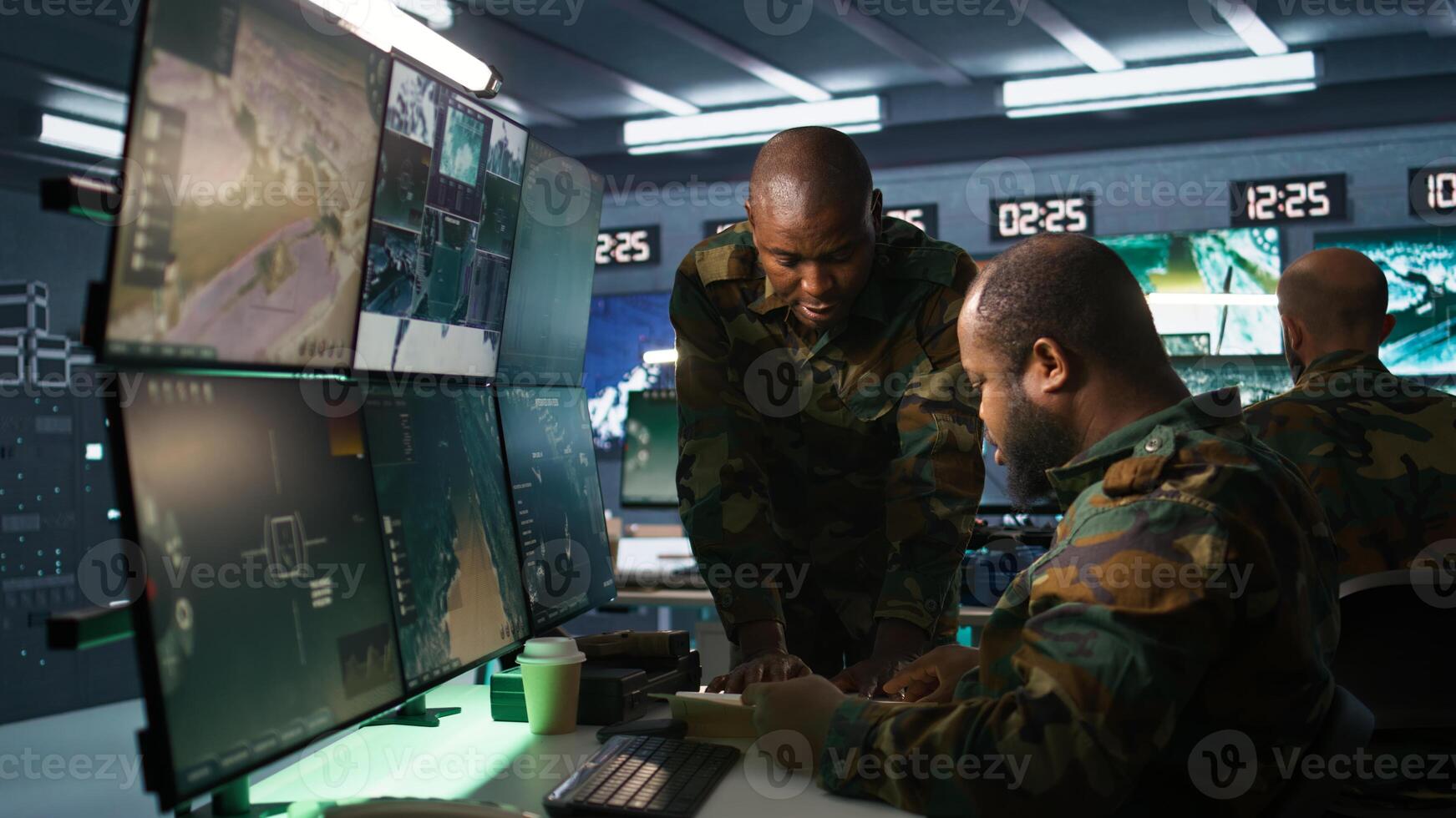 Military agents in war room look at intel folder files on enemy battle formation. Intelligence agency professionals read mission case file to collect data on opponents strategy, camera B photo