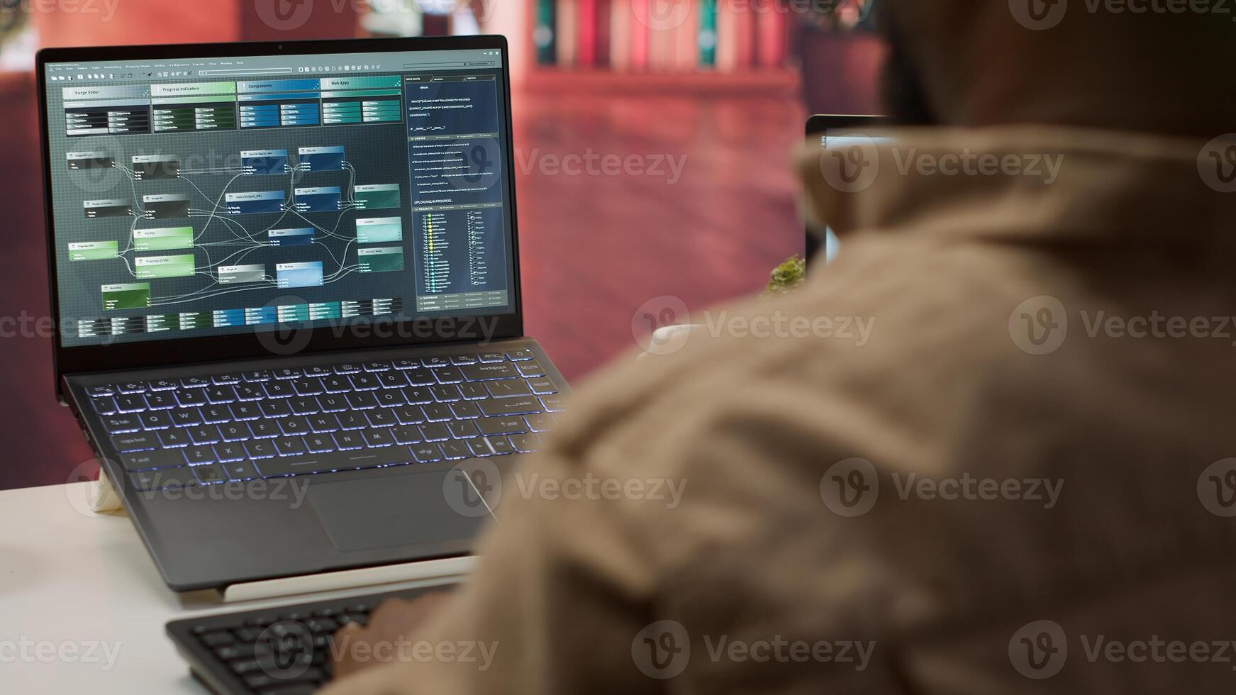 Professional software developer at desk working on AI coding and machine learning projects, showcasing innovation in software development and digital business. Internet of things. Camera A. photo