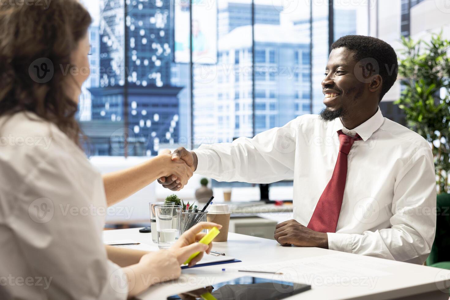 Smiling business partners shaking hands, feeling satisfied after finishing lucrative deal for company. Stakeholders meeting in office, doing congratulating handshake gesture, happy about revenues photo
