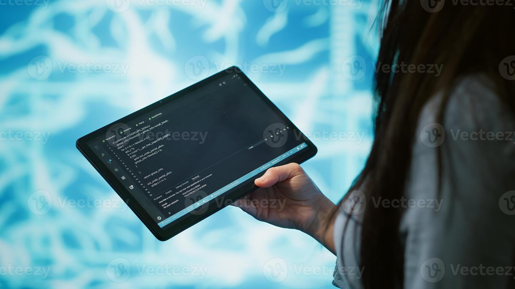Engineer uses tablet and AI deep neural networks modeled after human brain to solve complex problems. Close up of admin using machine learning model to look at data and better complete tasks, camera A photo