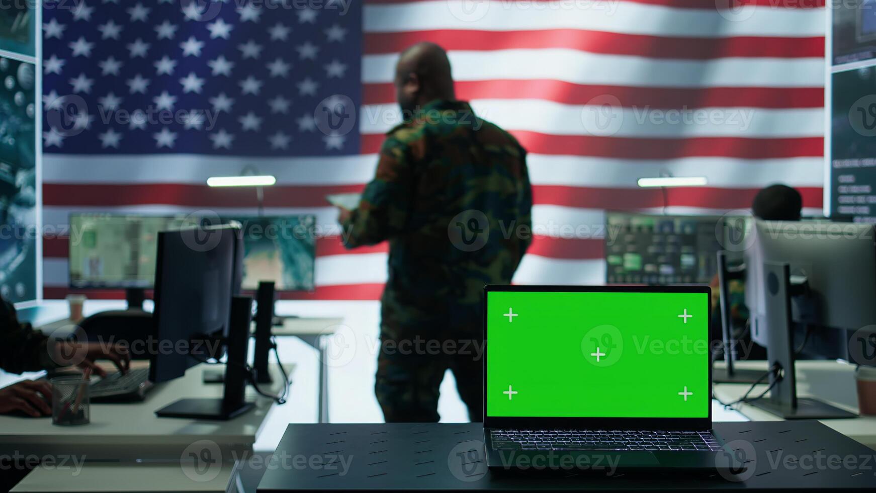 US army working in a top secret control center with isolated mockup screen, ensuring national safety while studying surveillance footage from radar cctv. Command service. Camera B. photo