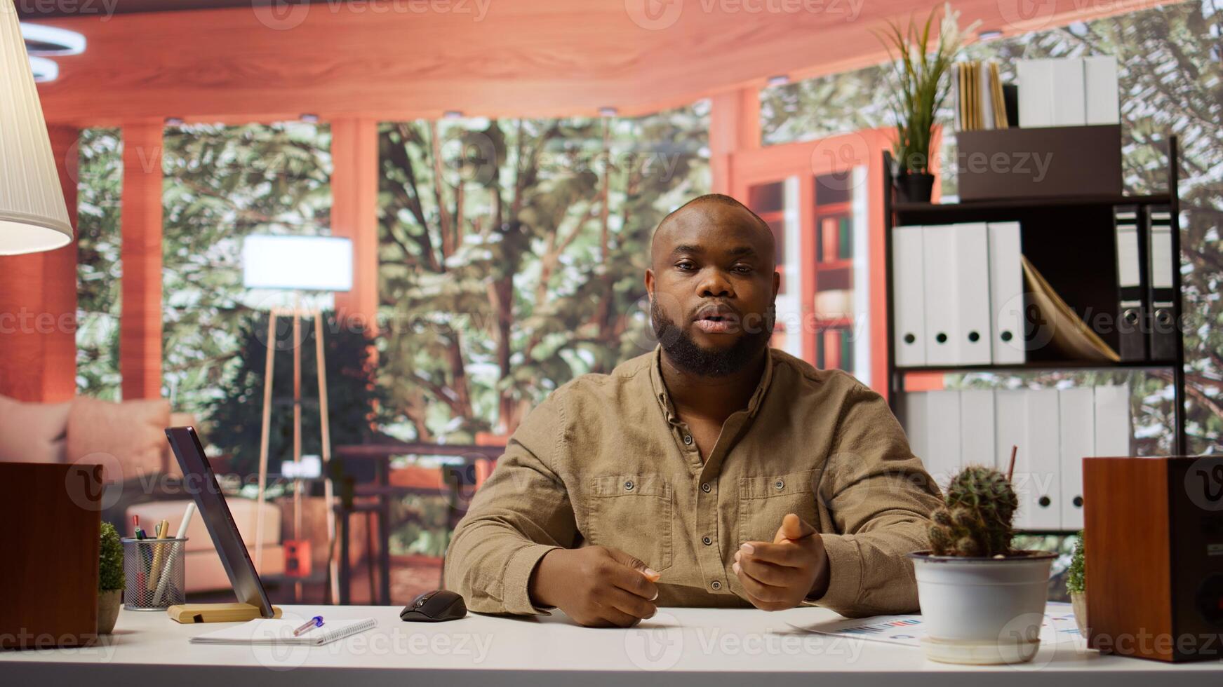 Entrepreneur presenting development strategies and funding plans to shareholders on remote conference call, using data to ensure economic growth. Businessman discussing with investors. Camera B. photo