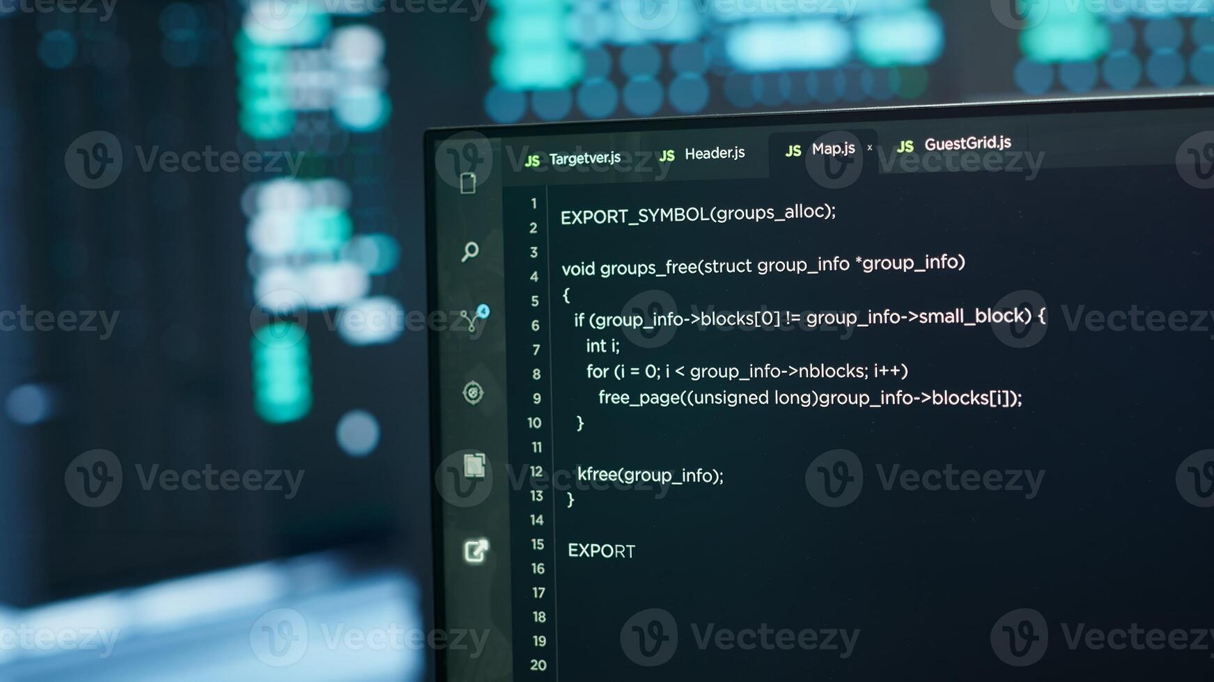 Computers in server hub used to ensure optimal performance and reliability, managing mainframes. Close up of code running on PC display in high tech data center used for overseeing network connections photo