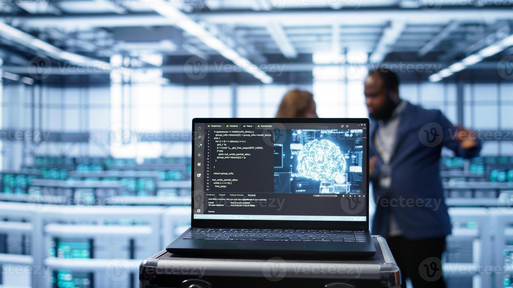 Focus on notebook used by server farm technicians in background using artificial intelligence computerized model. Close up of device with AI neural networks using pattern recognition, camera B photo