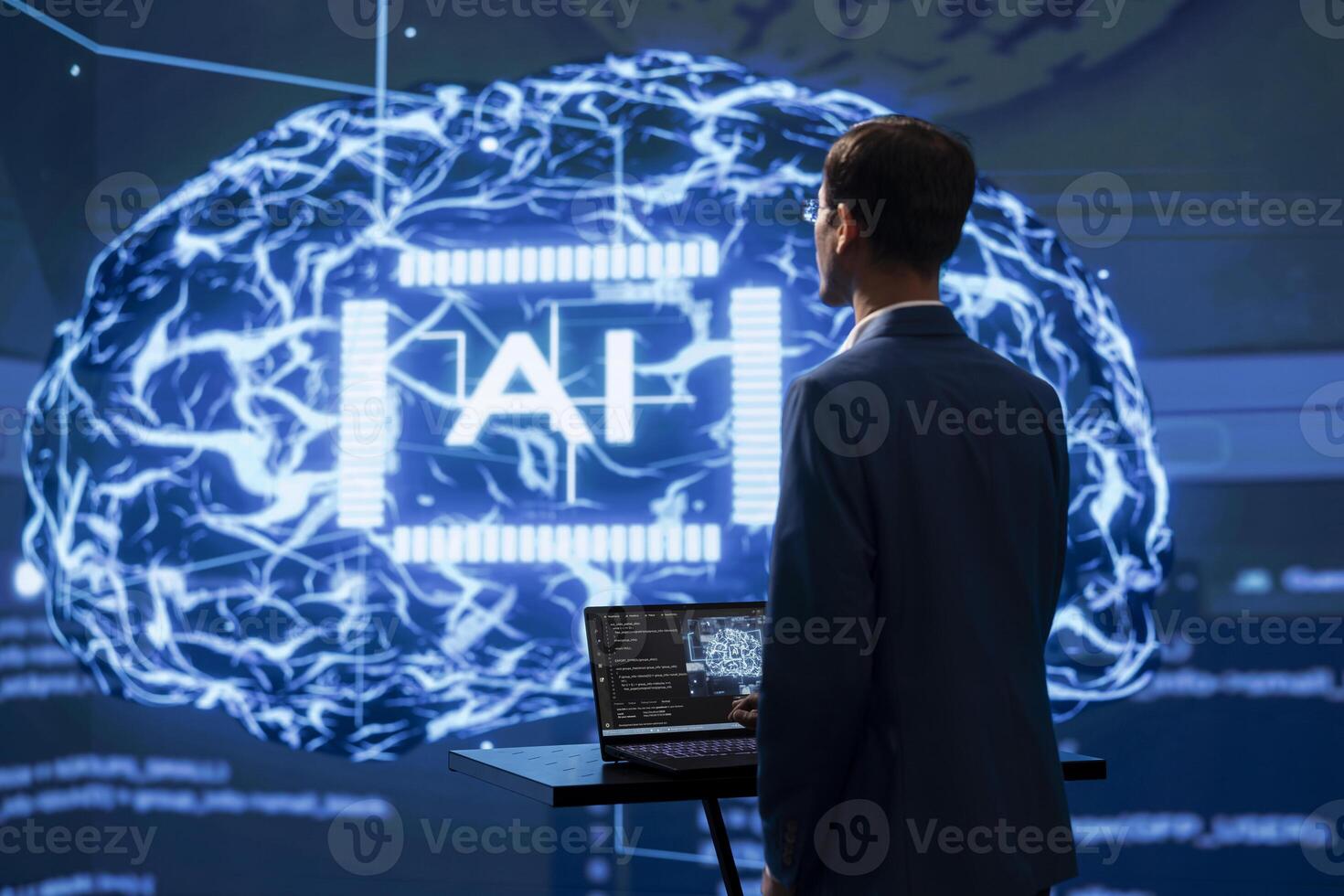 System administrator uses neural networks modeled after human brain to solve complex issues. AI researcher in modern workspace using artificial intelligence to look at data photo