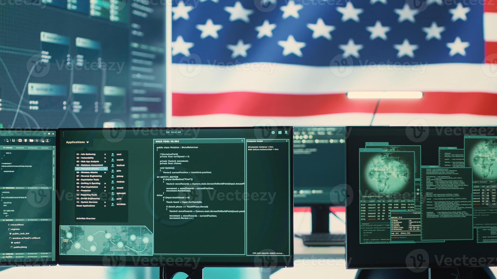 High tech cybersecurity room with American flag shown on big screen, governmental cyber operations. Data protection, global surveillance and cyber intelligence to guard national security. Camera A. photo