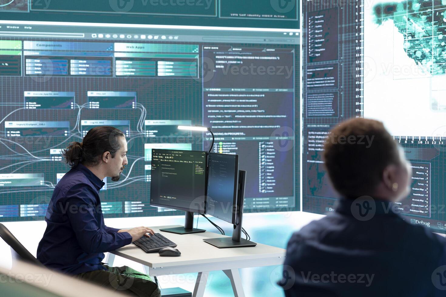 Governmental cyber defense team using advanced technology to secure information, cyber operations in high tech monitoring center. Working on data protection and threat detection. photo