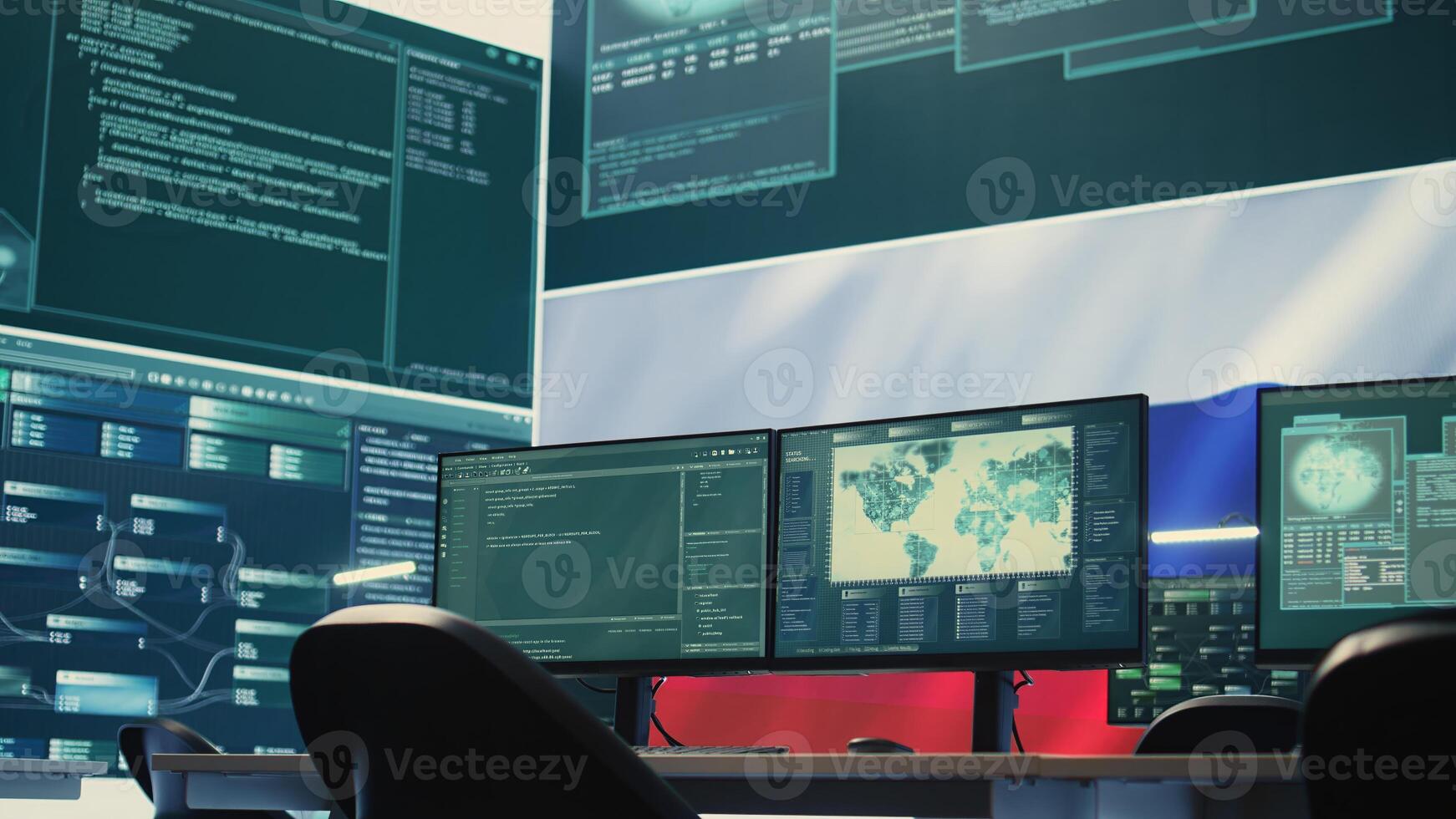 Surveillance and hacking room with a Russian flag on big screen, representing cyber espionage and digital manipulation. Russian government works on propaganda and misinformation campaigns. Camera B. photo