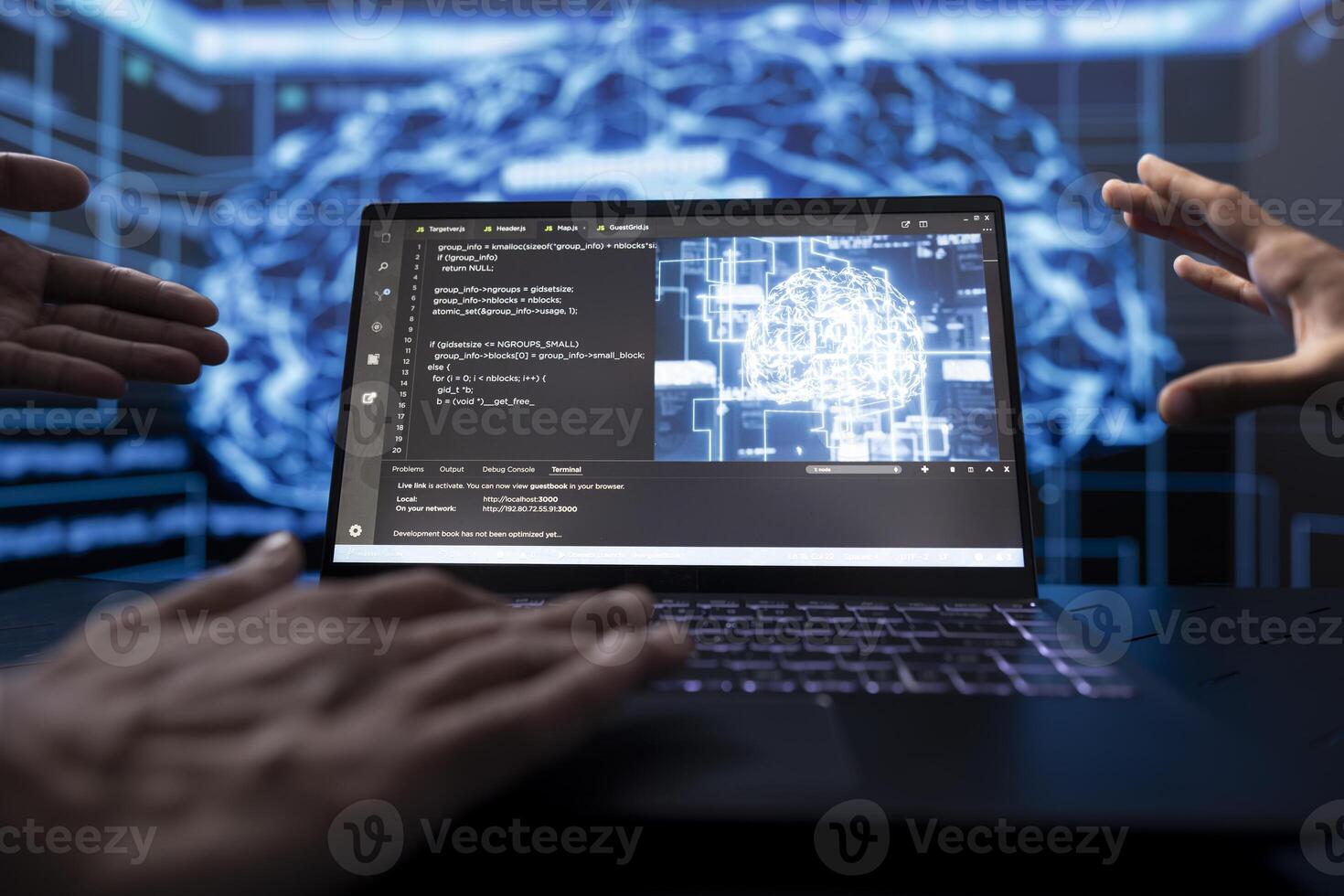 Software developers running AI cognitive computing tech on laptop to simulate computerized model. Close up of notebook used by IT experts in workplace to do data mining with self learning algorithms photo