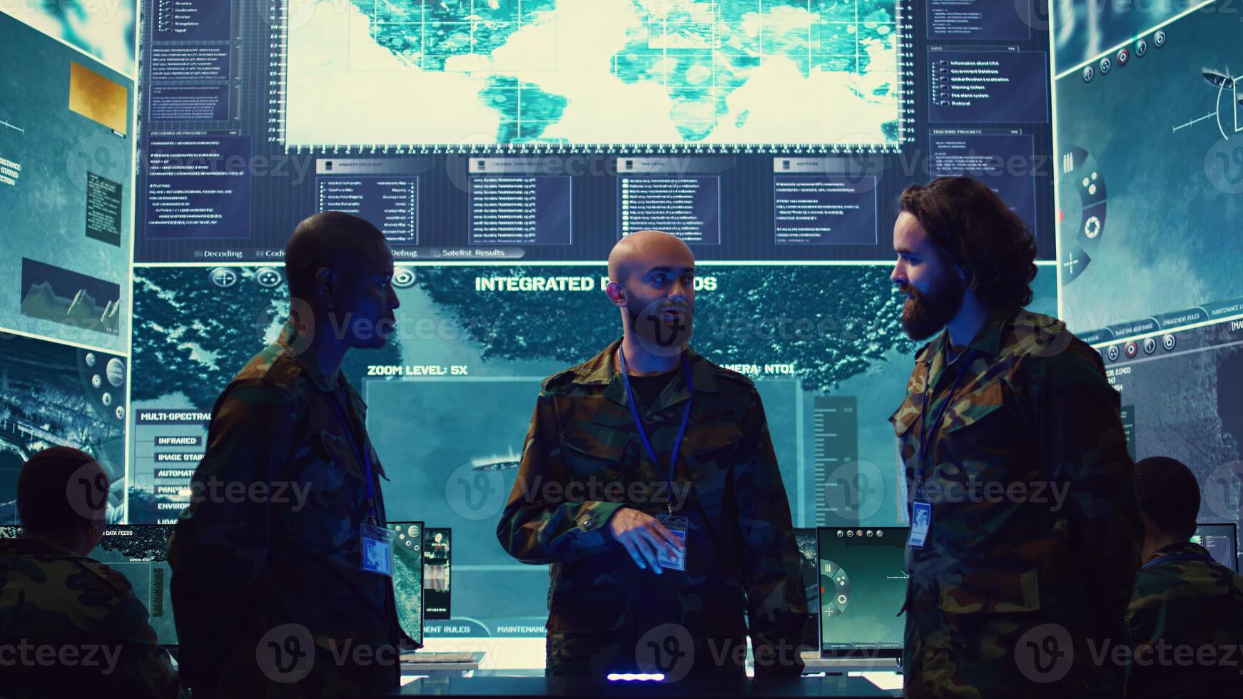Navy operation specialists monitoring surveillance radar through a hologram, working with 3d illustrations in a military control center. Team of generals gathering intelligence. Camera B. photo