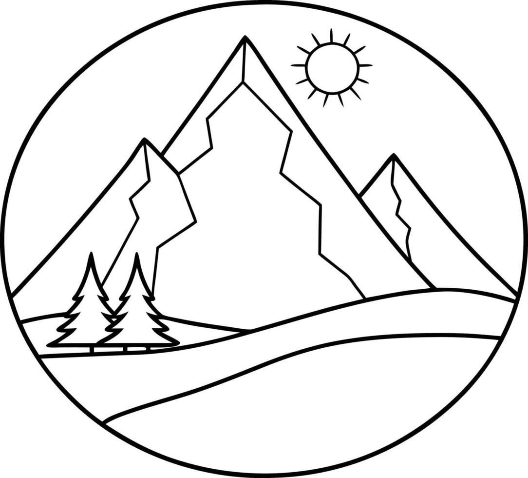 Mountains and trees in a circle coloring page vector
