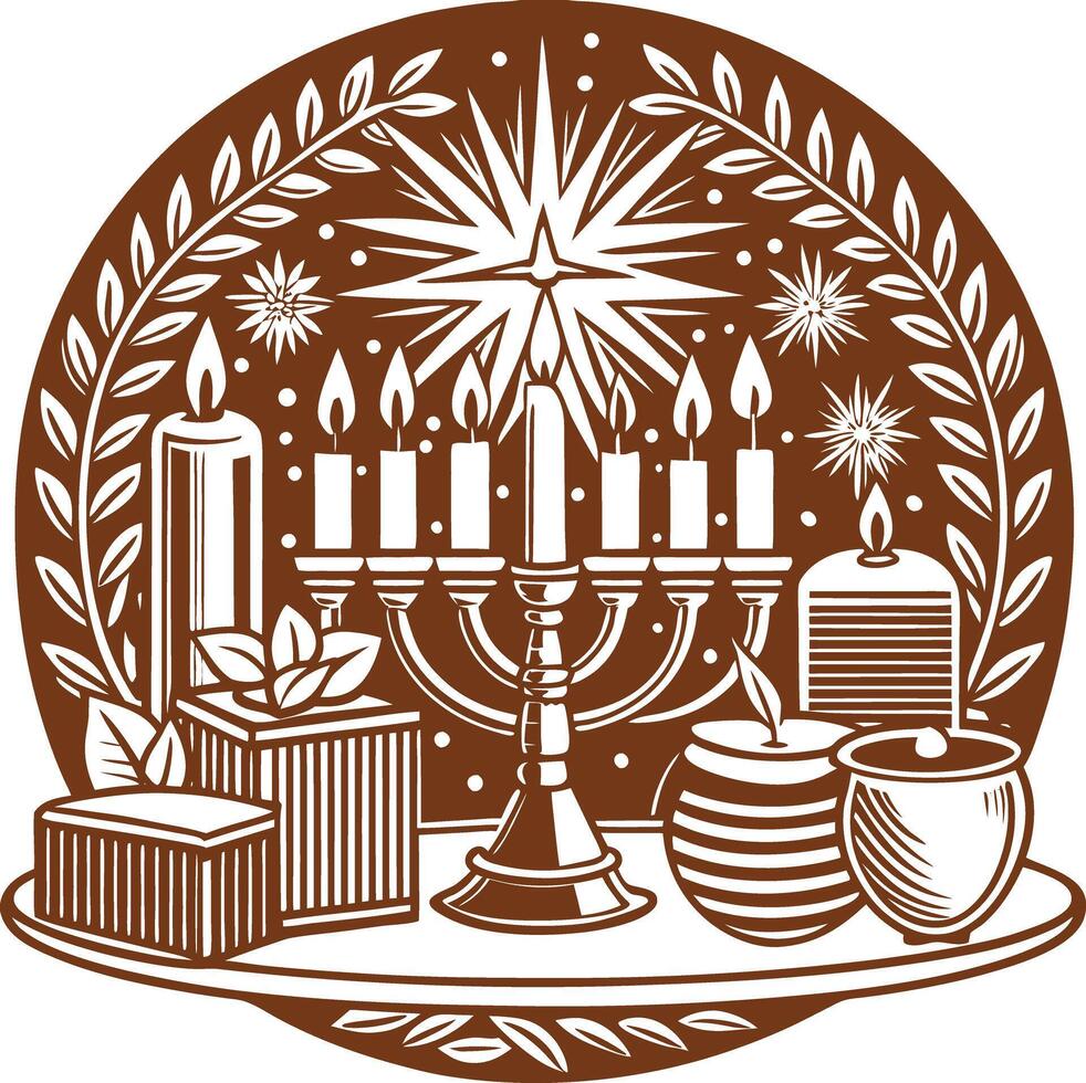 A menorah with candles and gifts on a plate vector