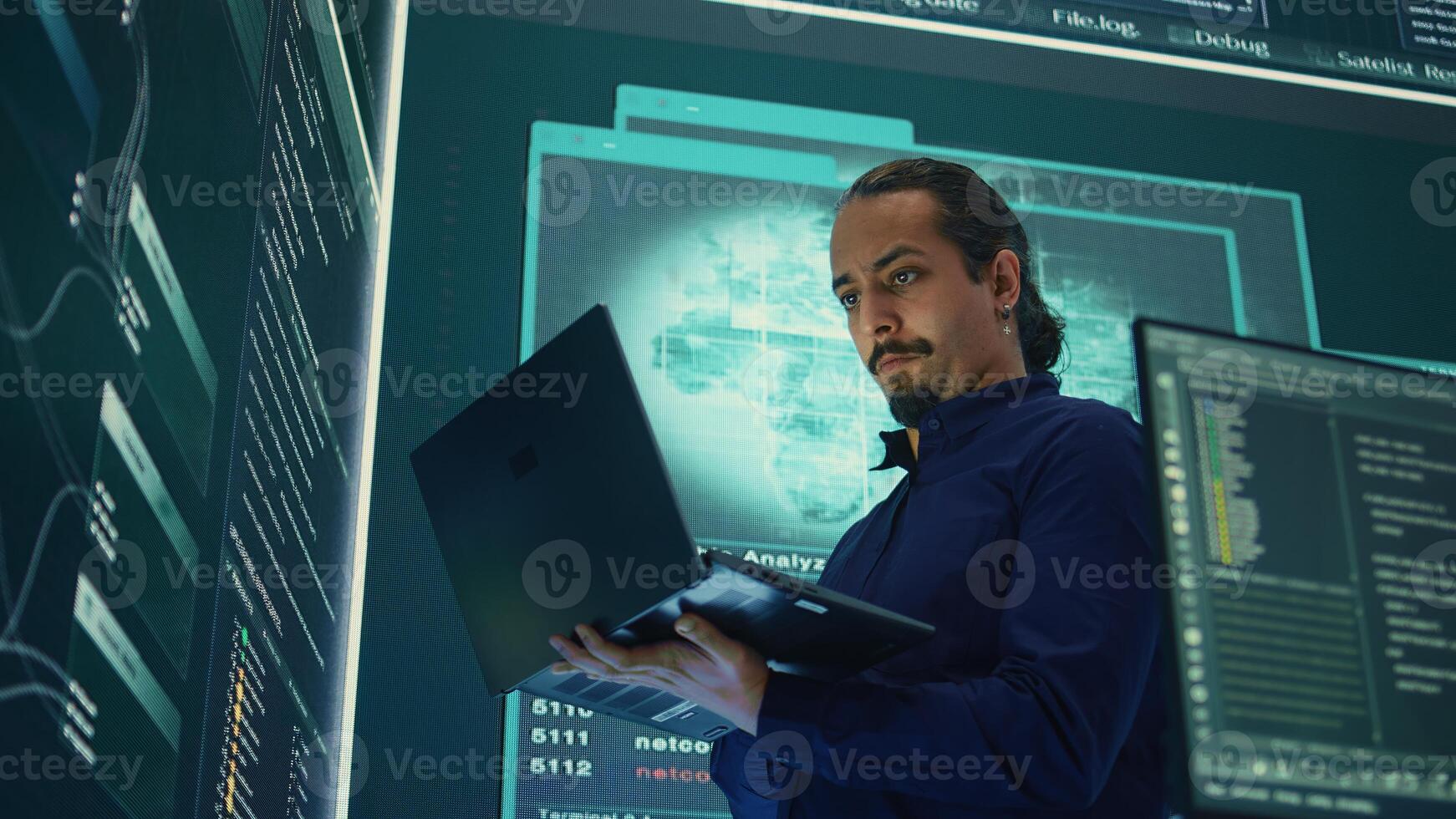 Governmental hacker expert working on securing digital information, analyzes intelligence on big screen. Specialist works to prevent cyber threats with advanced technology, cyberterrorism. Camera B. photo