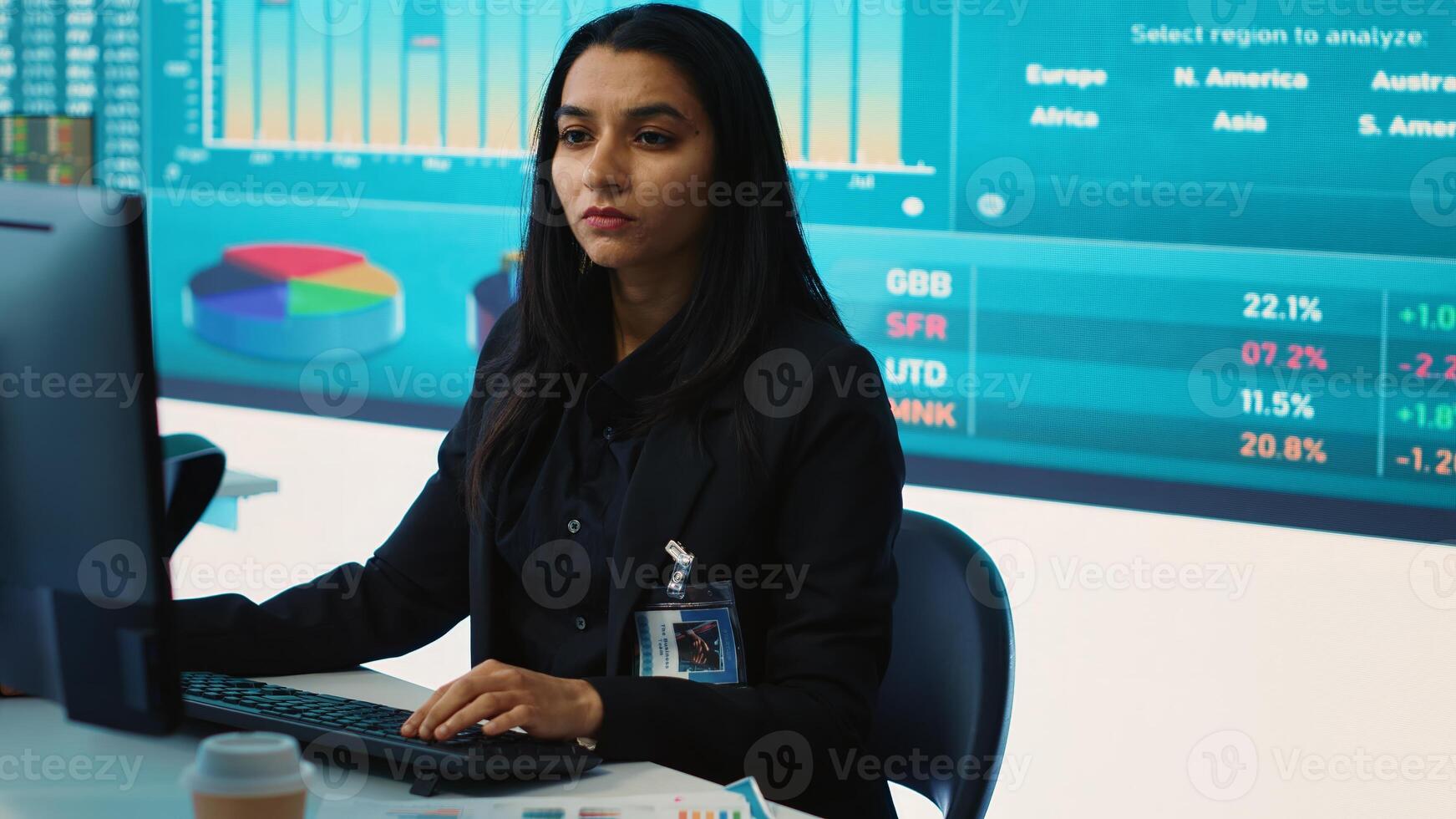 Indian company analyst reviews feedback on sales and orders to work on future improvements, working with statistics on a big screen. Developing marketing and PR strategies. Camera A. photo