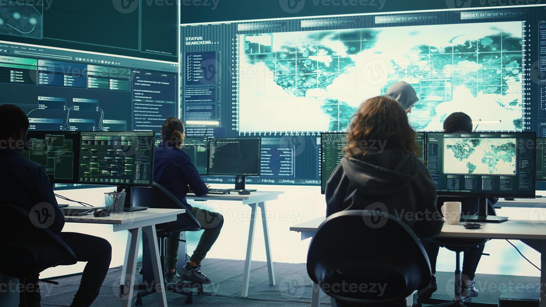 Group of governmental hackers using hacking tools to secure a network, focusing on cyber defense and data protection measures. Experts team examining important information on big screen. Camera B. photo