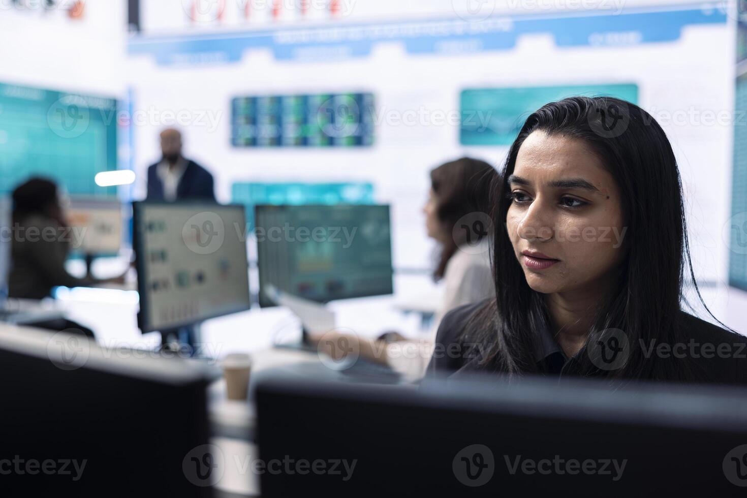 Business analyst does a presentation with project updates on pc, ensuring organizational success. Employee allocating resources according to the market needs for growth in office. photo
