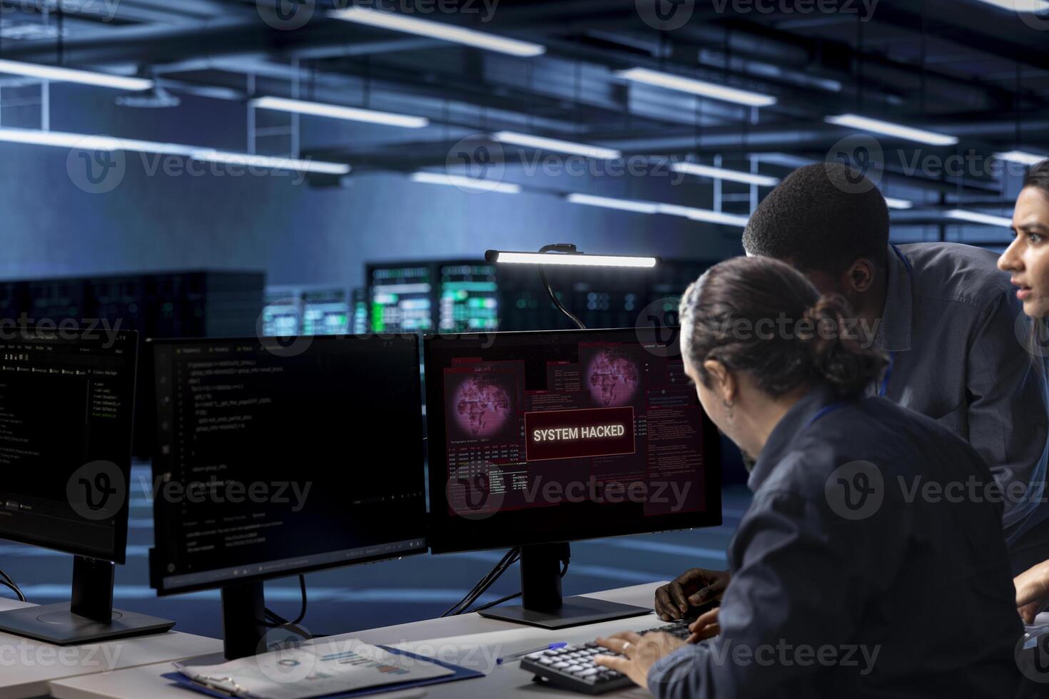Multiethnic team of developers in server hub frightened by hacker passing firewall and stealing data. Diverse coworkers panicking after seeing security breach notification on monitor in data center photo