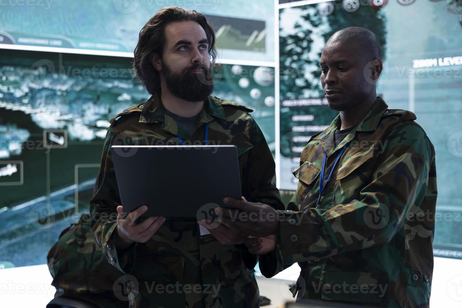 Army IT engineering team collects tactical data with surveillance radar system, creating operational maps to aid troopers during the defense mission. Gather intelligence for safety. photo