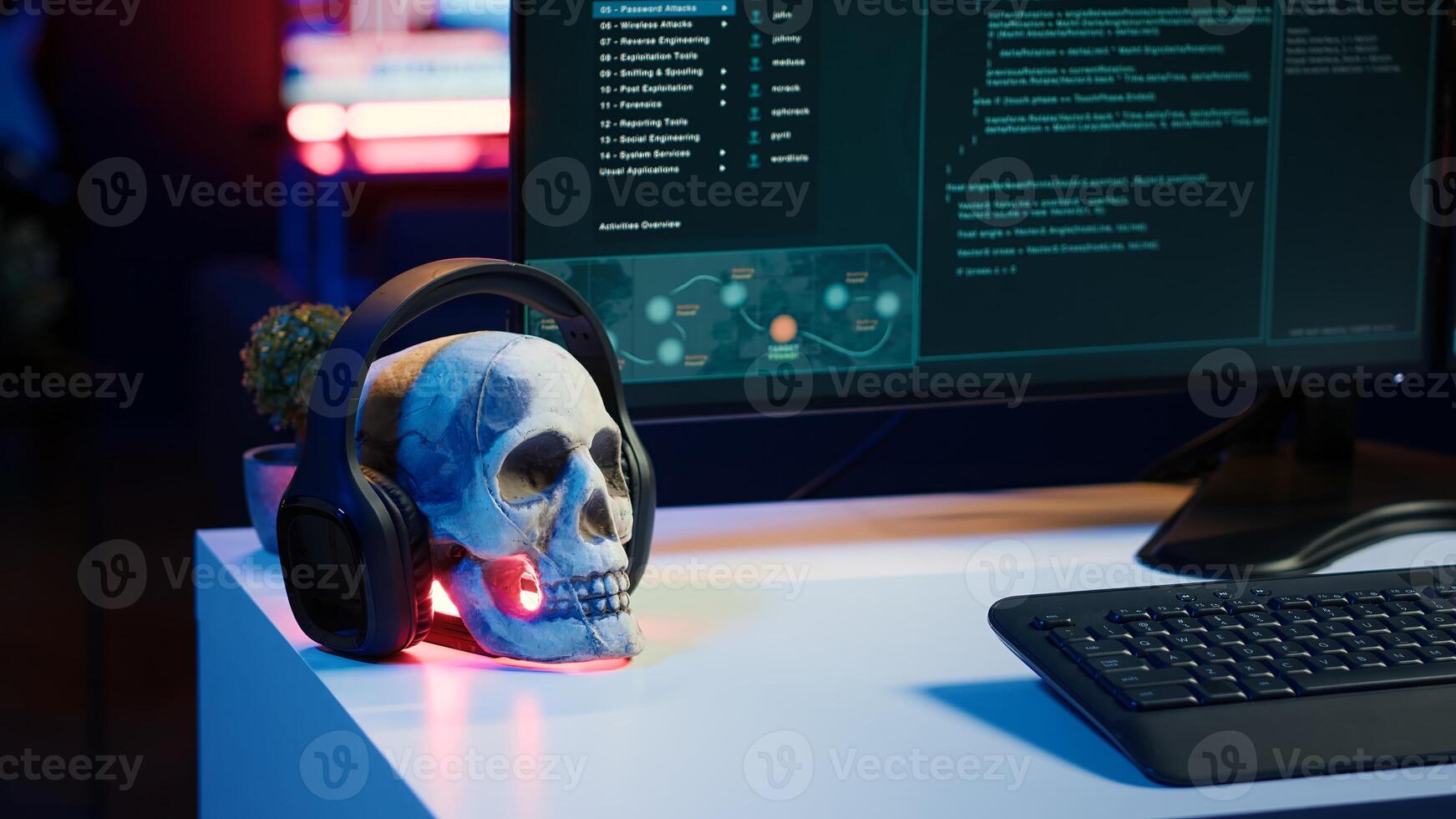 Desk with decorations in empty criminals den and hacking software interface on PC screens. Equipment in apartment used for deploying malware programming script on displays in underground base photo