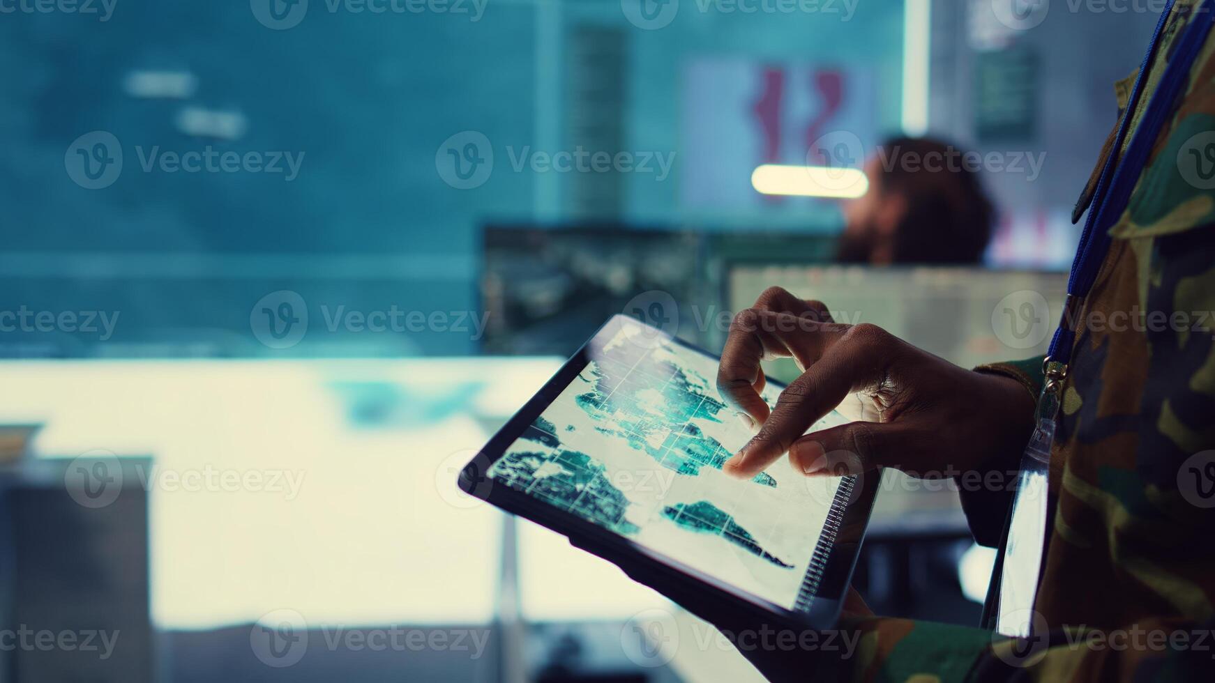 Army officer examines reconnaissance system on a world map, targeting enemy aircraft or warships on the national territory. Military personnel tracks status of deployed units. Close up. Camera B. photo