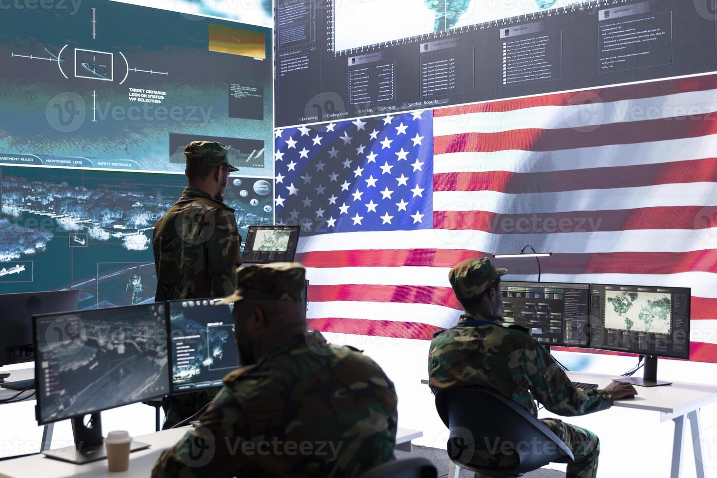 US soldiers operating in a high tech cybersecurity command post, managing state secrets and classified information. Protecting the national servers against digital threats and cyber warfare. photo