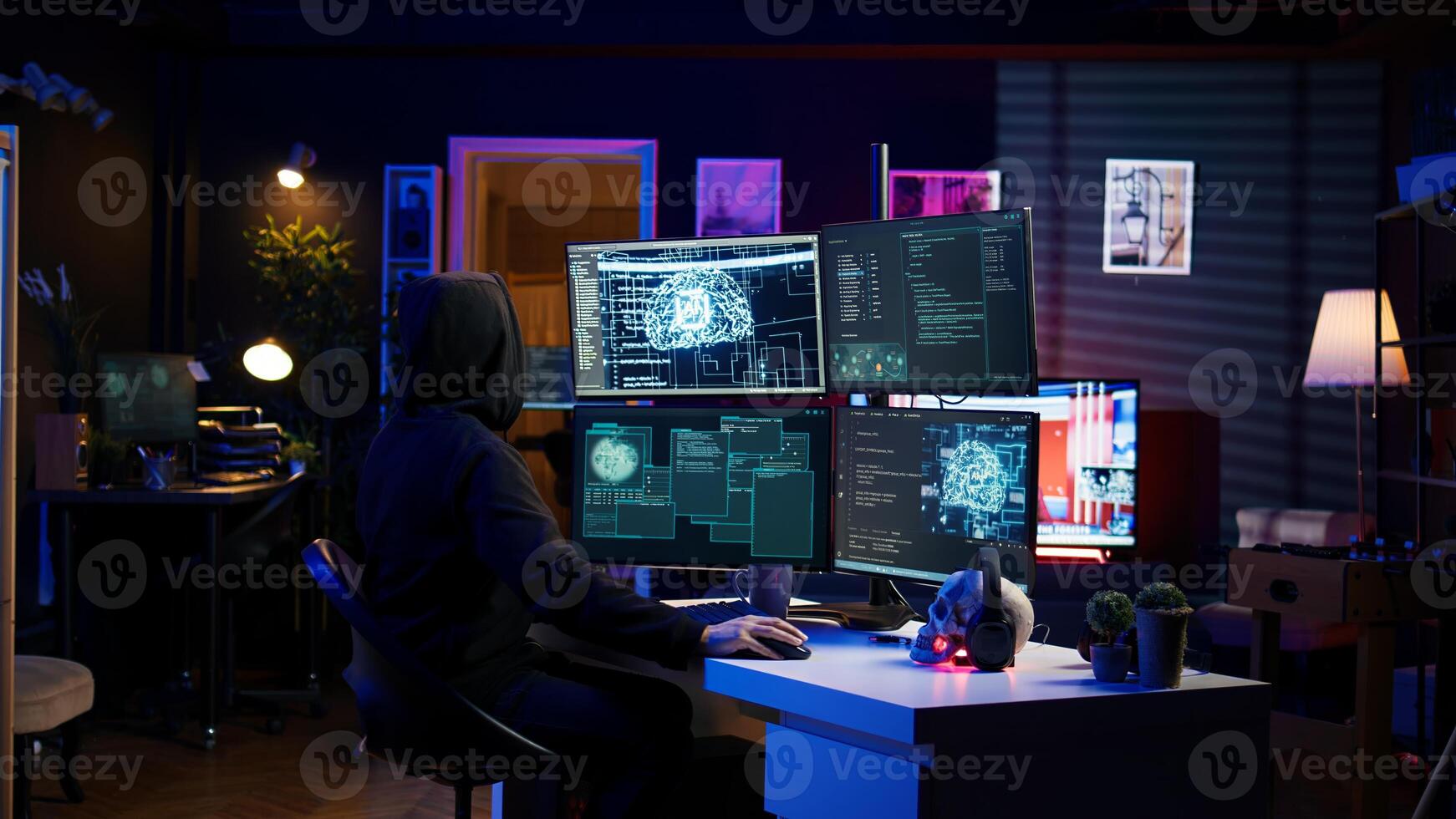 Hacker running artificial intelligence spyware software designed to gather information from users computers without their knowledge. Scammer commits fraud using AI, camera B photo