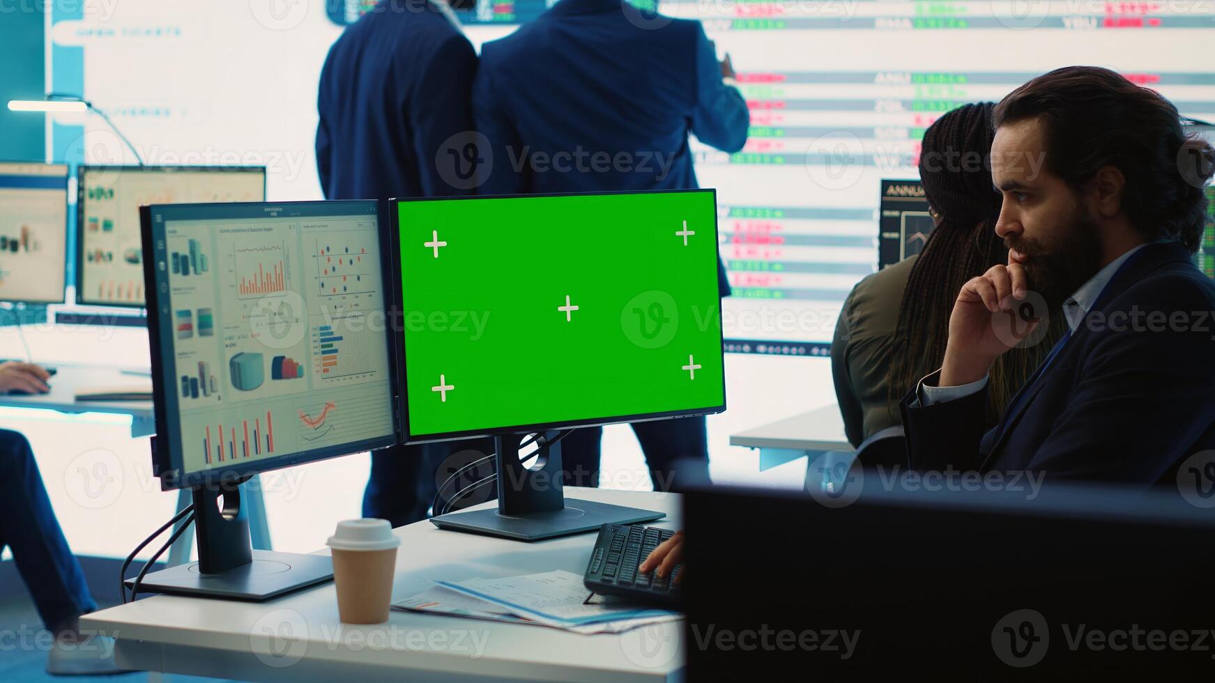 General director reads insight about a new expansion strategy on pc, mockup screen in enterprise office. Analyst presenting reports and infographics to analyze business activity status. Camera A. photo