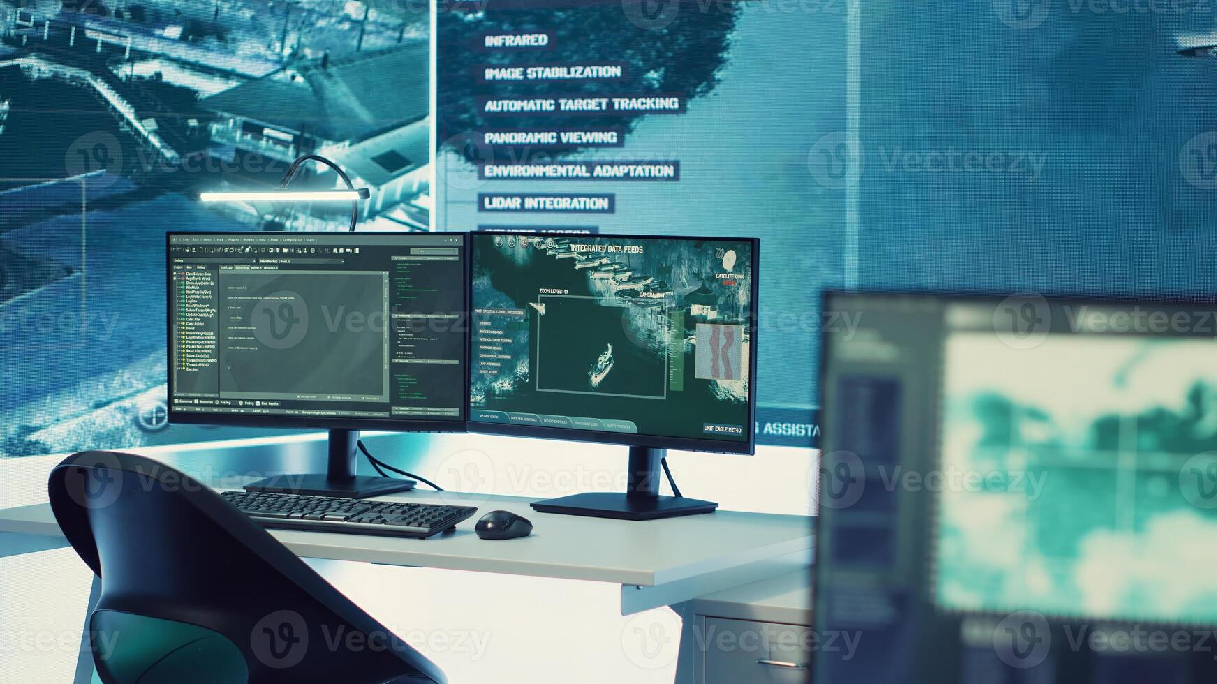 Empty military command headquarters with a big display and workstations used for reconnaissance and surveillance monitoring on a world map. Army intelligence gear and CCTV footage, federal agency. photo