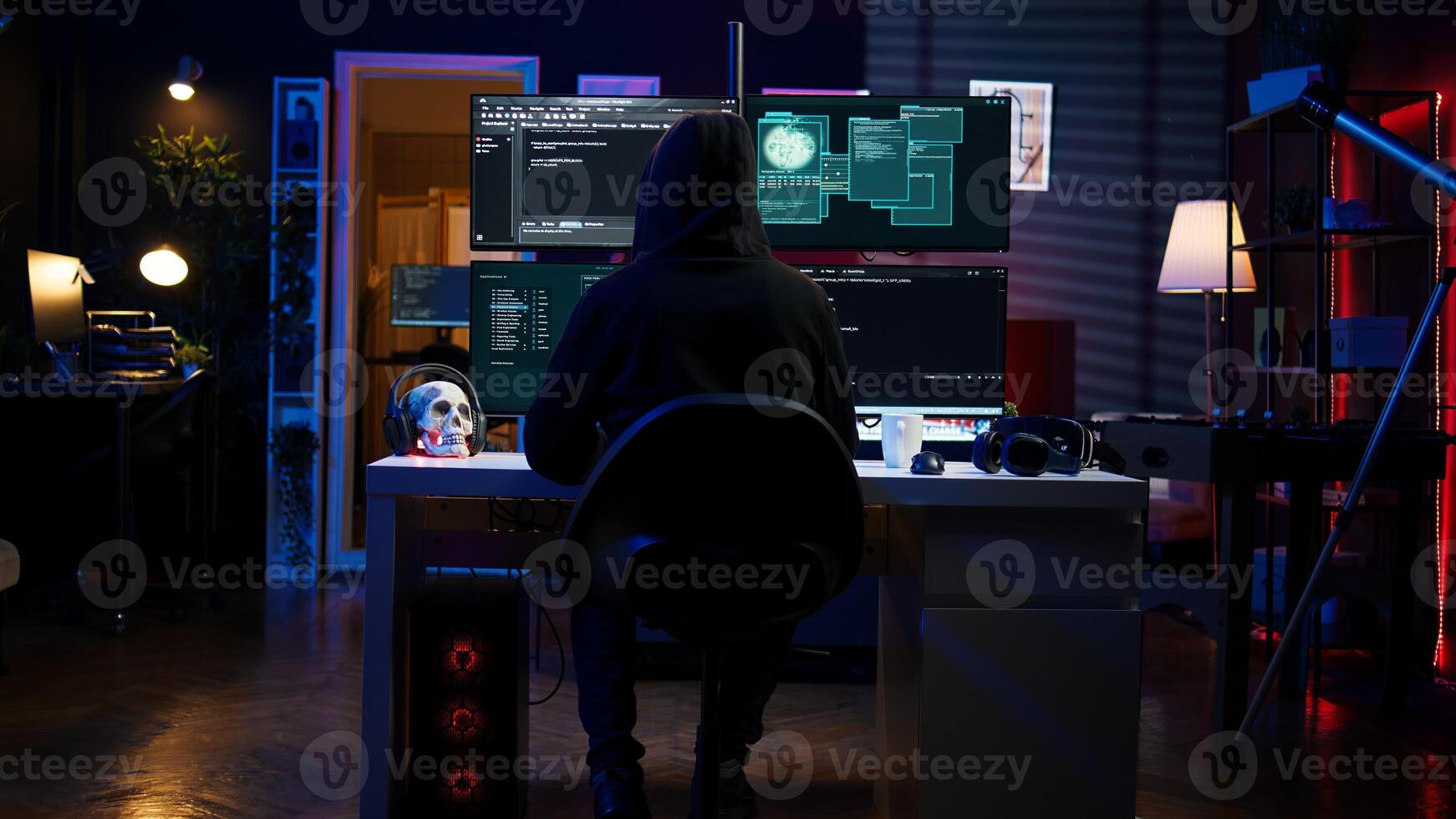 Experienced hacker writing lines of code on computer from underground bunker, tying to get past security systems. Rogue programmer building scripts that can hack devices, camera B photo