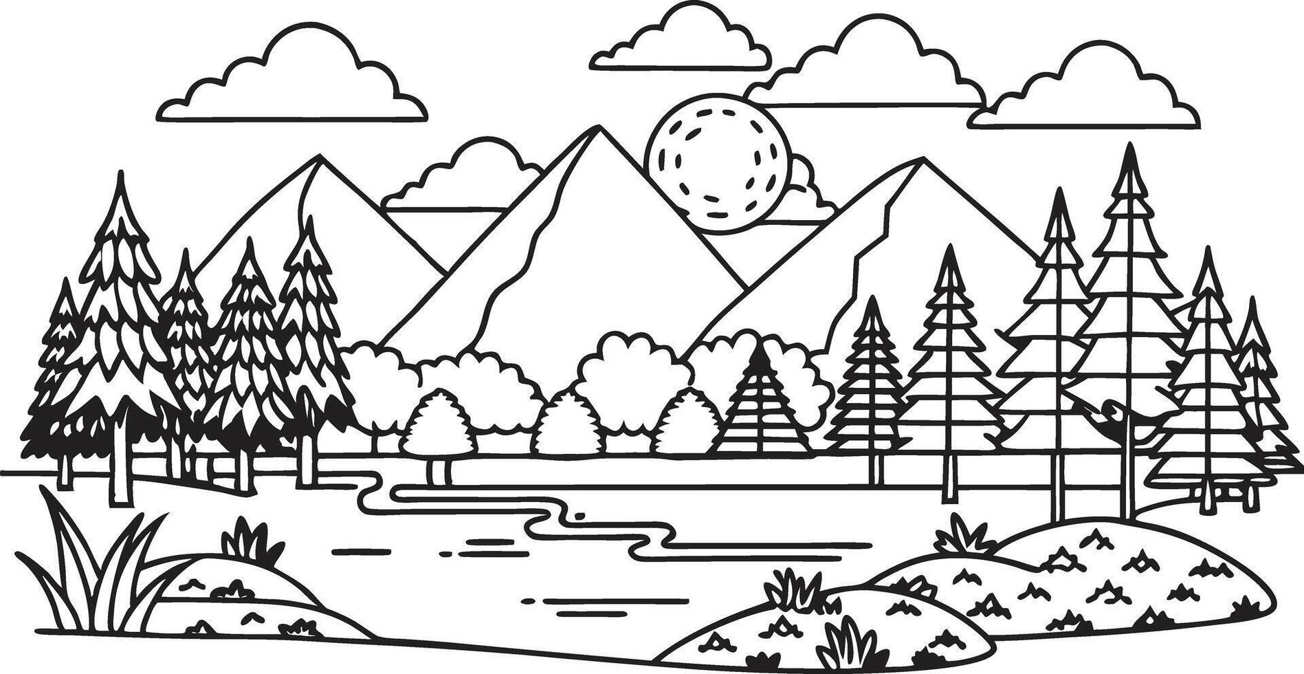 A coloring page with a mountain landscape and trees vector