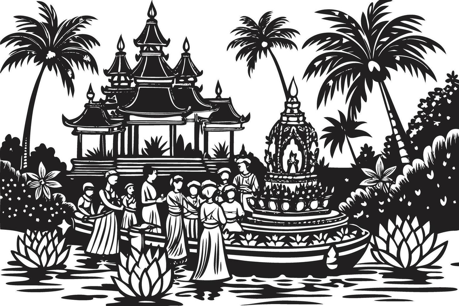 Thai temple with people in the water and palm trees vector
