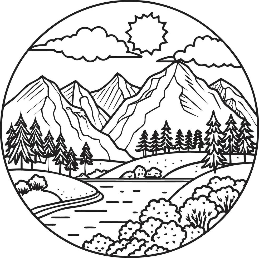 A black and white drawing of a mountain landscape vector