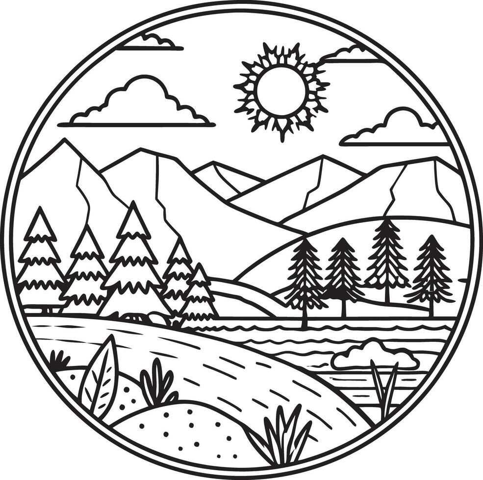 A black and white illustration of a mountain landscape vector