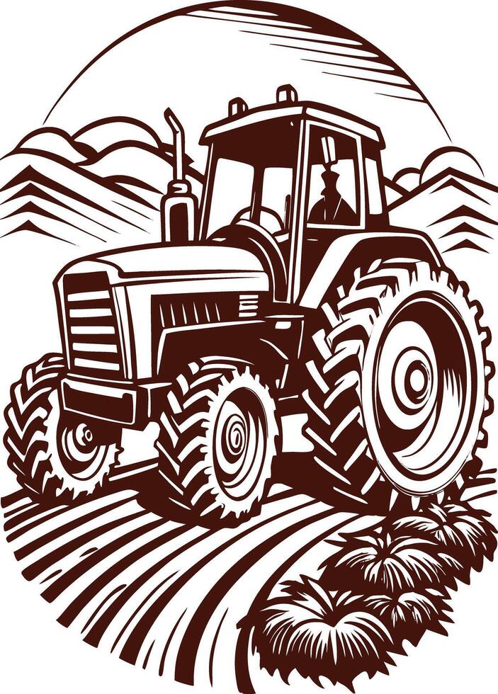 Tractor on the field with mountains in the background vector