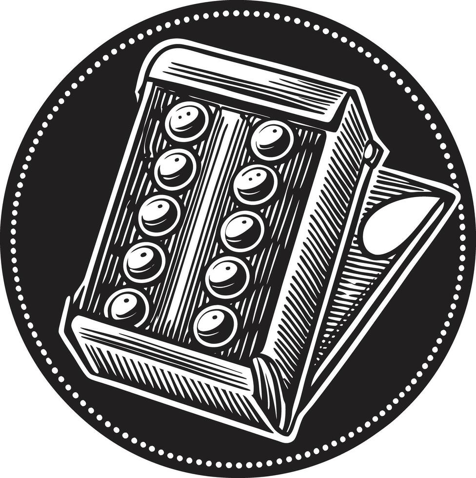 An accordion in a circle with a black and white outline vector