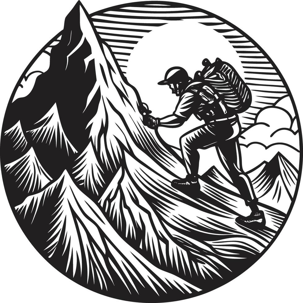 A man with a backpack is climbing a mountain in a circle vector